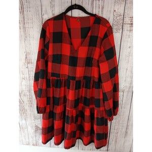 YINI babydoll Dress Women’s Large plaid Red Black Long Sleeve Tiered Cotton